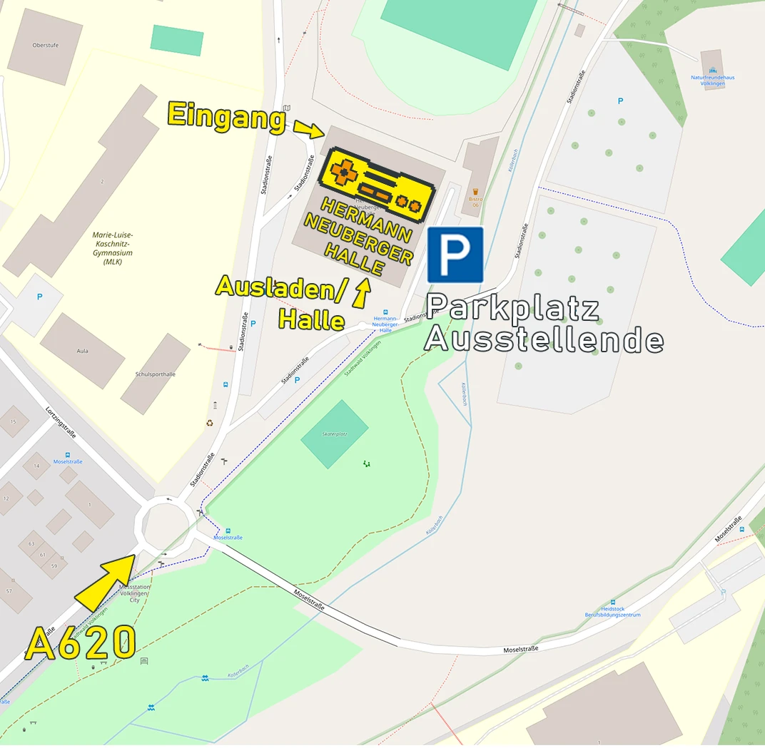 Lageplan der Hermann Neuberger Halle: Eingang, Ausladen/Halle, Parkplatz Ausstellende und Zufahrt von der A620