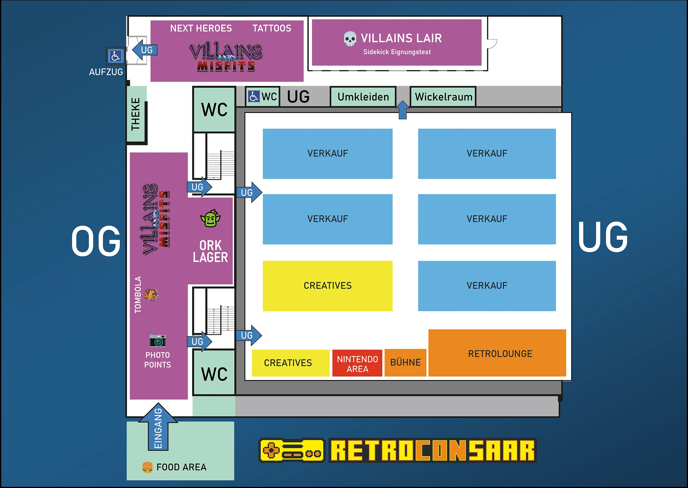 Dungeon Map der 17. RetroCon Saar: Hallenplan mit Eingang, Food Area, Verkauf, Creatives, Nintendo Area, Bühne, Retrolounge, Villain Lair, Ork Lager, Tombola, Photo Points, WC, Umkleiden, Wickelraum und Aufzug